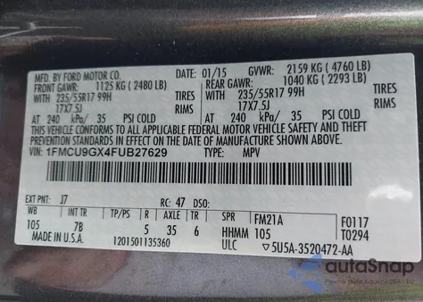 2015 Ford Escape Se z USA, uszkodzony, nr VIN 1FMCU9GX4FUB27629